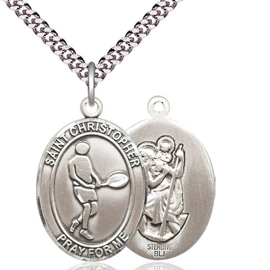 Sterling Silver 1in St Christopher Tennis Player Medal & 24in Chain