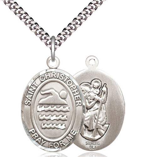 Sterling Silver 1in St Christopher Swimmer Medal & 24in Chain
