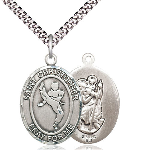 Sterling Silver 1in St Christopher Martial Arts Medal & 24in Chain