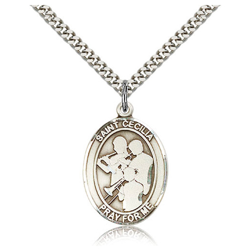 Sterling Silver 1in St Cecilia Band Medal & 24in Chain