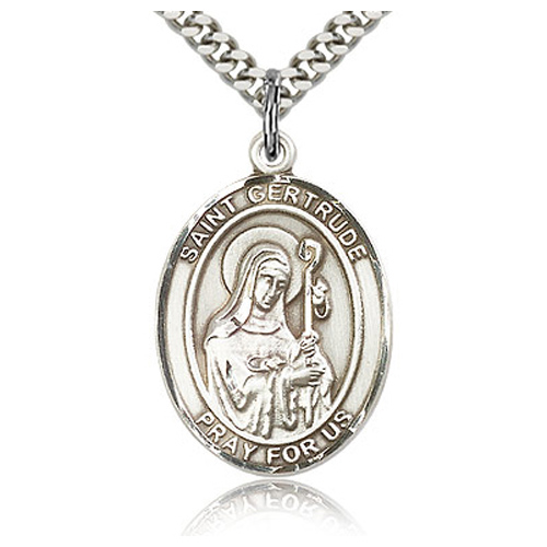 Sterling Silver 1in St Gertrude Medal & 24in Chain