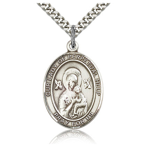 Sterling Silver 1in Oval Lady of Perpetual Help Medal & 24in Chain