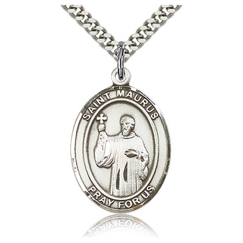 Sterling Silver 1in St Maurus Medal & 24in Chain