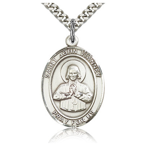 Sterling Silver 1in St John Vianney Medal & 24in Chain