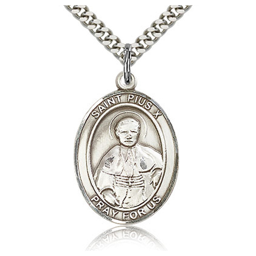 Sterling Silver 1in St Pius X Medal & 24in Chain