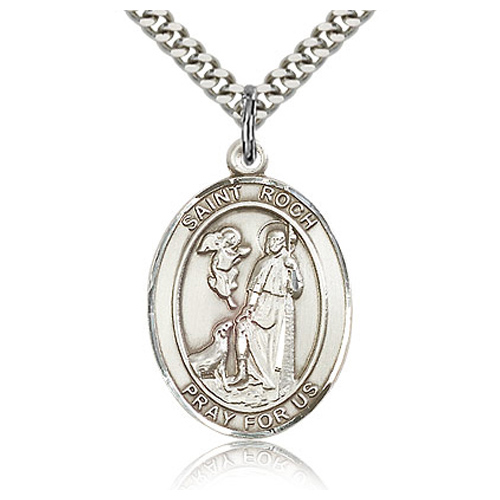 Sterling Silver 1in St Roch Medal & 24in Chain