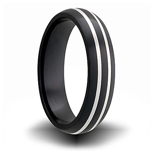 Black Zirconium 7mm Domed Ring with Two Sterling Silver Inlays