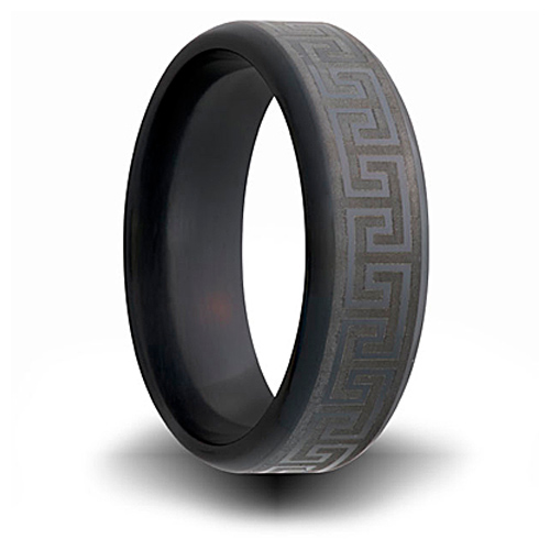 Black Zirconium 7mm Ring with Greek Key Design