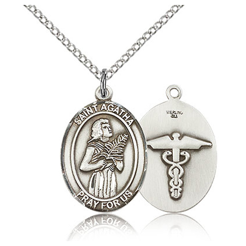 Sterling Silver 3/4in St Agatha Nurse Medal & 18in Chain