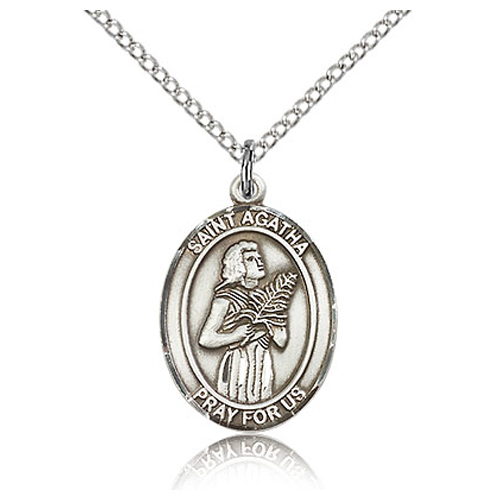 Sterling Silver 3/4in St Agatha Medal & 18in Chain