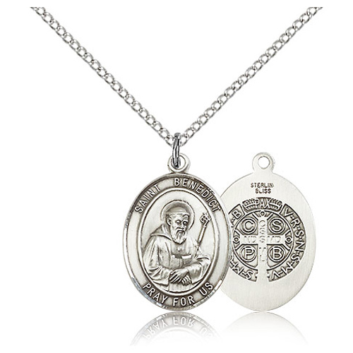 Sterling Silver 3/4in St Benedict Medal & 18in Chain
