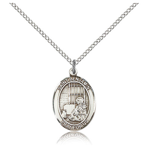 Sterling Silver 3/4in St Benjamin Medal & 18in Chain