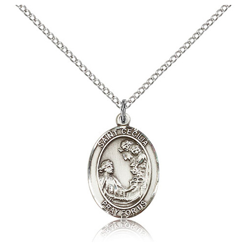Sterling Silver 3/4in St Cecilia Medal & 18in Chain