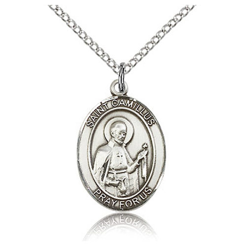 Sterling Silver 3/4in St Camillus Medal & 18in Chain