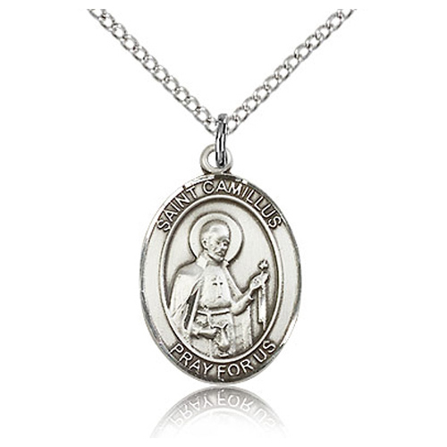 Sterling Silver 3/4in St Camillus Medal & 18in Chain