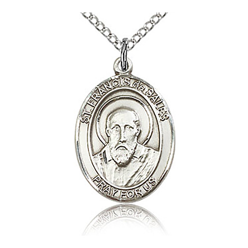 Sterling Silver 3/4in St Francis de Sales Medal & 18in Chain