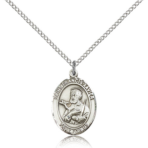 Sterling Silver 3/4in St Francis Xavier Medal & 18in Chain