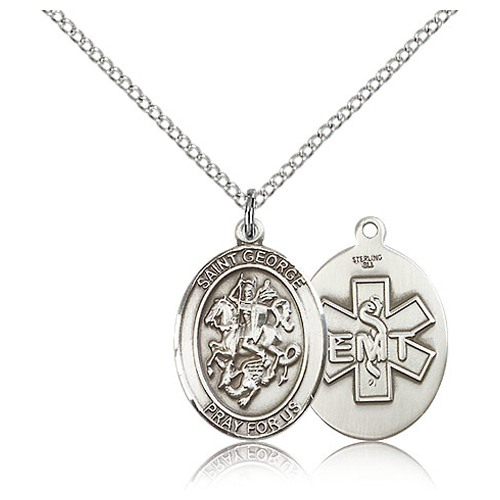 Sterling Silver 3/4in St George EMT Medal & 18in Chain