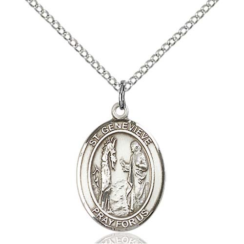 Sterling Silver 3/4in St Genevieve Medal & 18in Chain