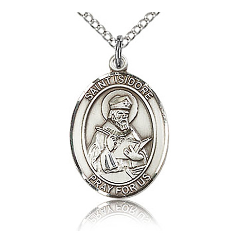 Sterling Silver 3/4in St Isidore of Seville Medal & 18in Chain
