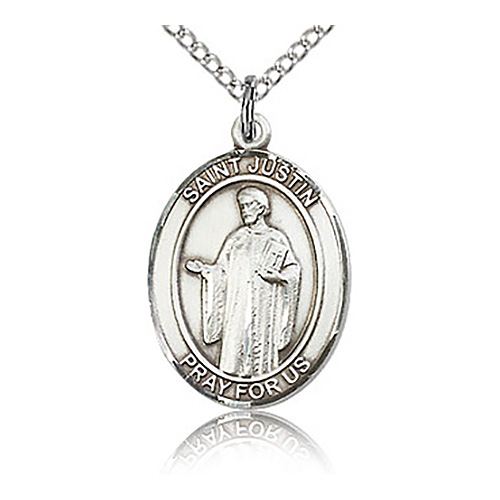 Sterling Silver 3/4in St Justin Medal & 18in Chain
