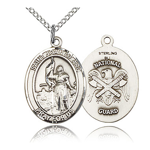 Sterling Silver 3/4in St Joan of Arc National Guard Medal & 18in Chain