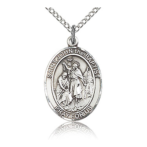 Sterling Silver 3/4in St John the Baptist Medal & 18in Chain