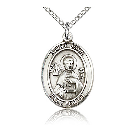 Sterling Silver 3/4in St John the Apostle Medal & 18in Chain