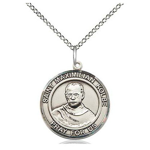 Sterling Silver St Maximilian Kolbe Round Medal on 18in Chain