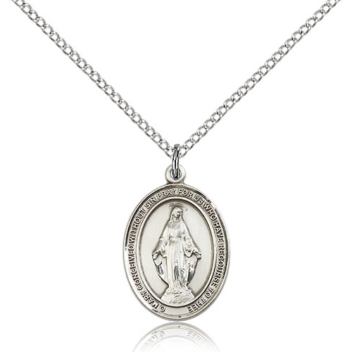 Sterling Silver 3/4in Classic Miraculous Medal & 18in Chain