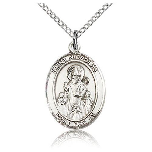 Sterling Silver 3/4in St Nicholas Medal & 18in Chain