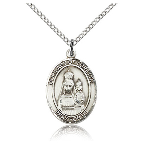 Sterling Silver 3/4in Lady of Loretto Medal & 18in Chain