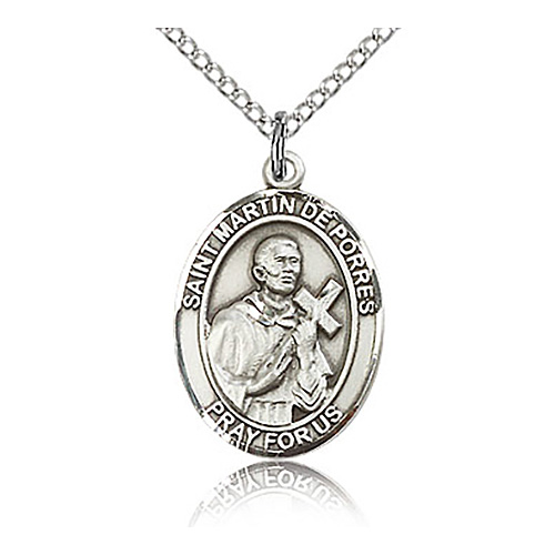 Sterling Silver 3/4in St Martin de Porres Medal & 18in Chain