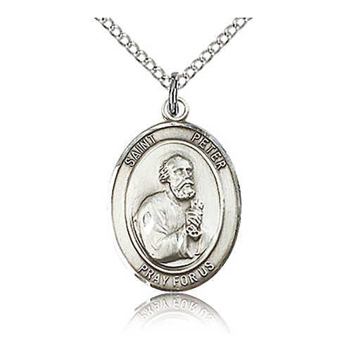Sterling Silver 3/4in St Peter Medal & 18in Chain