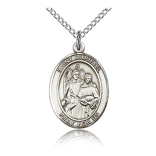 Sterling Silver 3/4in St Raphael Medal & 18in Chain