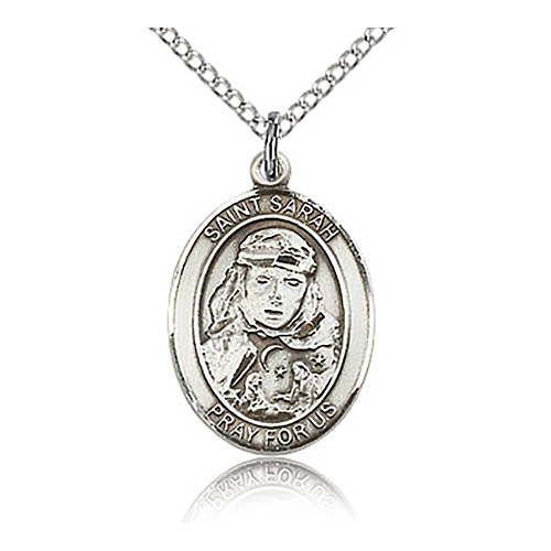 Sterling Silver 3/4in St Sarah Medal & 18in Chain