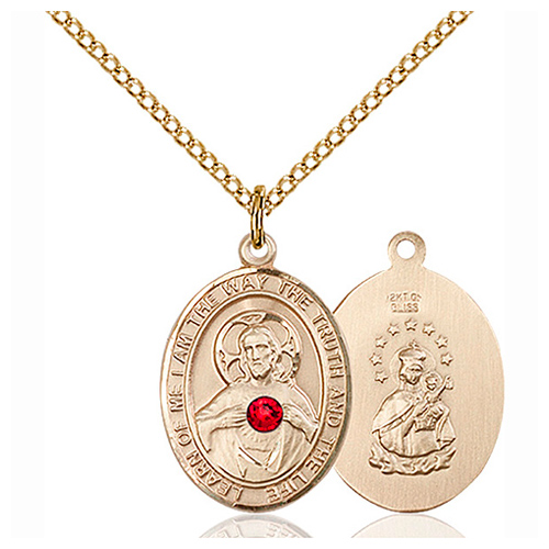 Gold Filled 3/4in Scapular Medal with 3mm Ruby Bead & 18in Chain
