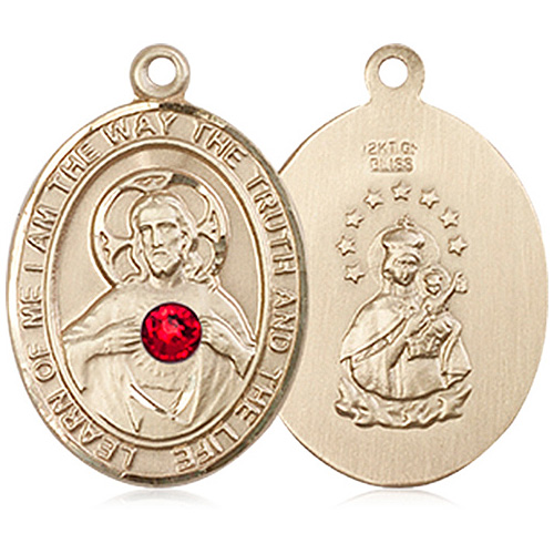 14kt Yellow Gold 3/4in Oval Scapular Medal with 3mm Ruby  