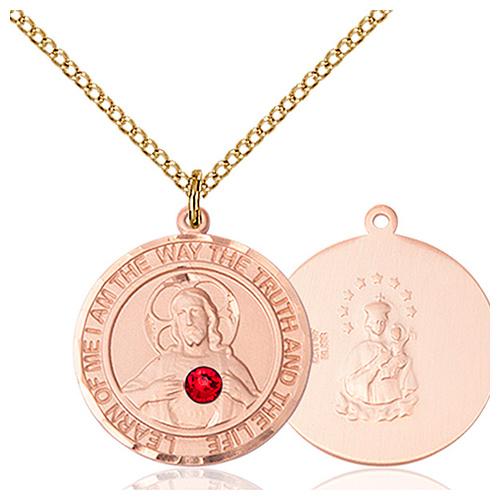 Gold Filled 3/4in Round Scapular Medal with 3mm Ruby Bead & 18in Chain