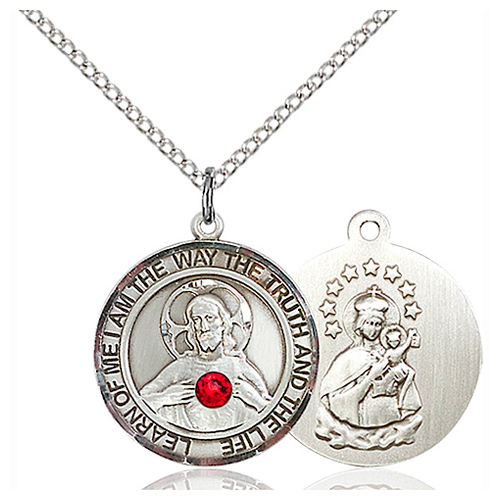 Sterling Silver 3/4in Round Scapular Medal Ruby Bead & 18in Chain