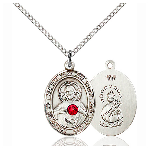 Sterling Silver 3/4in Scapular Medal Ruby Bead & 18in Chain