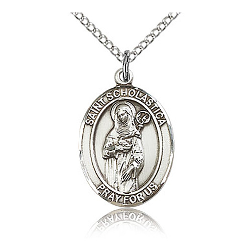Sterling Silver 3/4in St Scholastica Medal & 18in Chain
