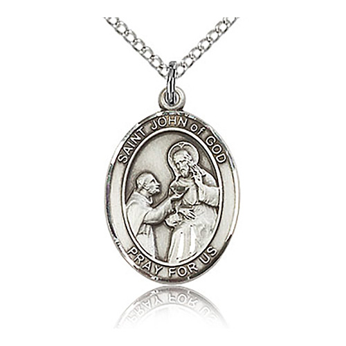 Sterling Silver 3/4in St John of God Medal & 18in Chain