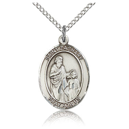 Sterling Silver 3/4in St Zachary Medal & 18in Chain