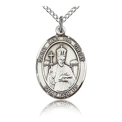 Sterling Silver 3/4in St Leo the Great Medal & 18in Chain