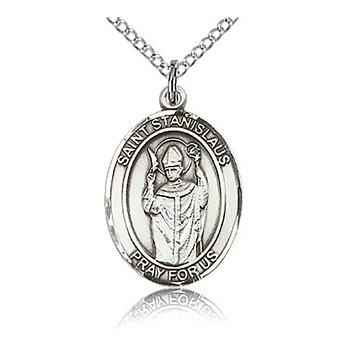 Sterling Silver 3/4in St Stanislaus Medal & 18in Chain