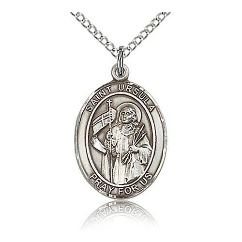 Sterling Silver 3/4in St Ursula Medal & 18in Chain