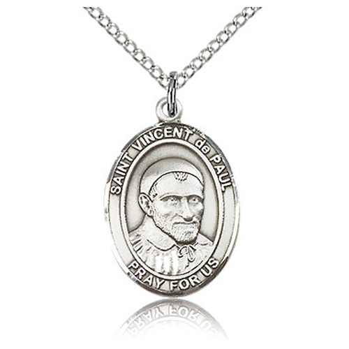 Sterling Silver 3/4in St Vincent de Paul Medal & 18in Chain
