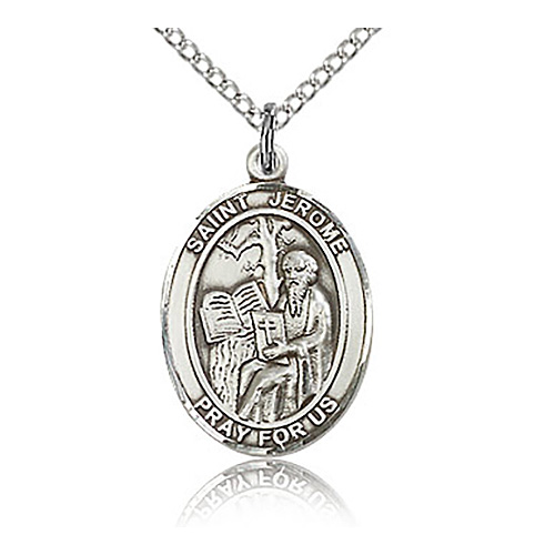 Sterling Silver 3/4in St Jerome Medal & 18in Chain
