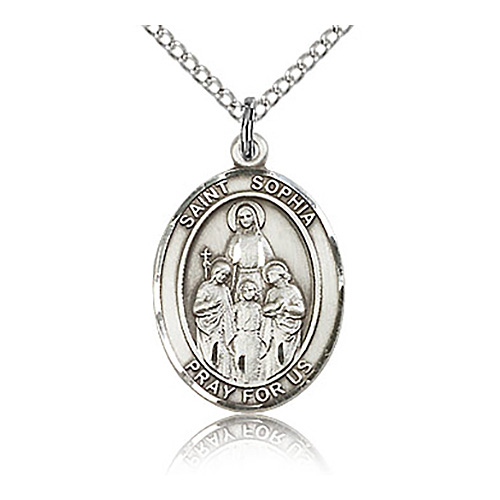 Sterling Silver 3/4in St Sophia Medal & 18in Chain